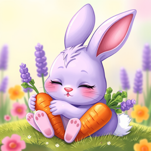 Create a cute cartoon-style illustration of a lavender bunny sleeping while holding a carrot, with a bright and colorful background, shot with a 50mm lens at f/2.8, ISO 100, in natural light for a soft focus effect, using a digital painting technique.