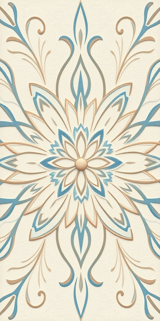Create a symmetrical floral design with intricate line work in soft blue and beige tones, shot with a Canon EOS R5 at f/8, 1/125 sec, ISO 100, using a macro lens to capture fine details.