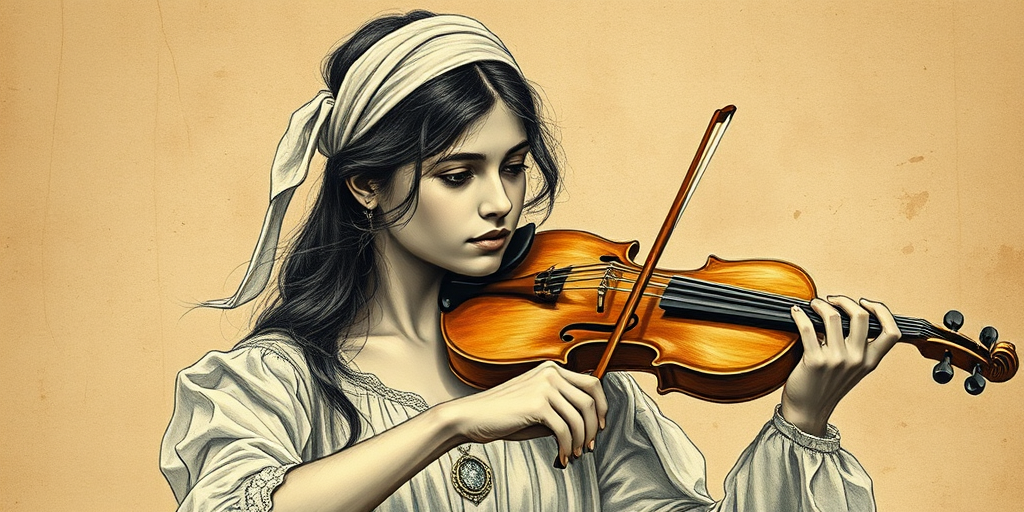 a young Romani woman with a white headband playing a violin, in the style of a charcoal drawing, sepia grunge background