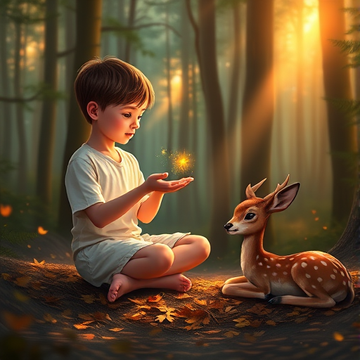 A luminous digital painting of a serene forest scene featuring a barefoot young boy, about 7 years old, with brown hair and fair skin, dressed in a simple white outfit. He sits cross-legged on the forest floor, gazing at a small, glowing, magical firefly in his hand. Beside him, a delicate spotted deer lies calmly on a bed of dried leaves, observing the scene. The dense forest is bathed in warm, golden light filtering through the trees, creating a peaceful, magical atmosphere with a blend of natural and mystical elements.