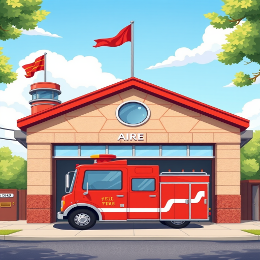 illustration of a cartoon fire station with a red roof and a fire truck parked outside, high detail, 4K resolution, wide-angle lens, f/8 aperture, ISO 100, bright daylight setting, vector style