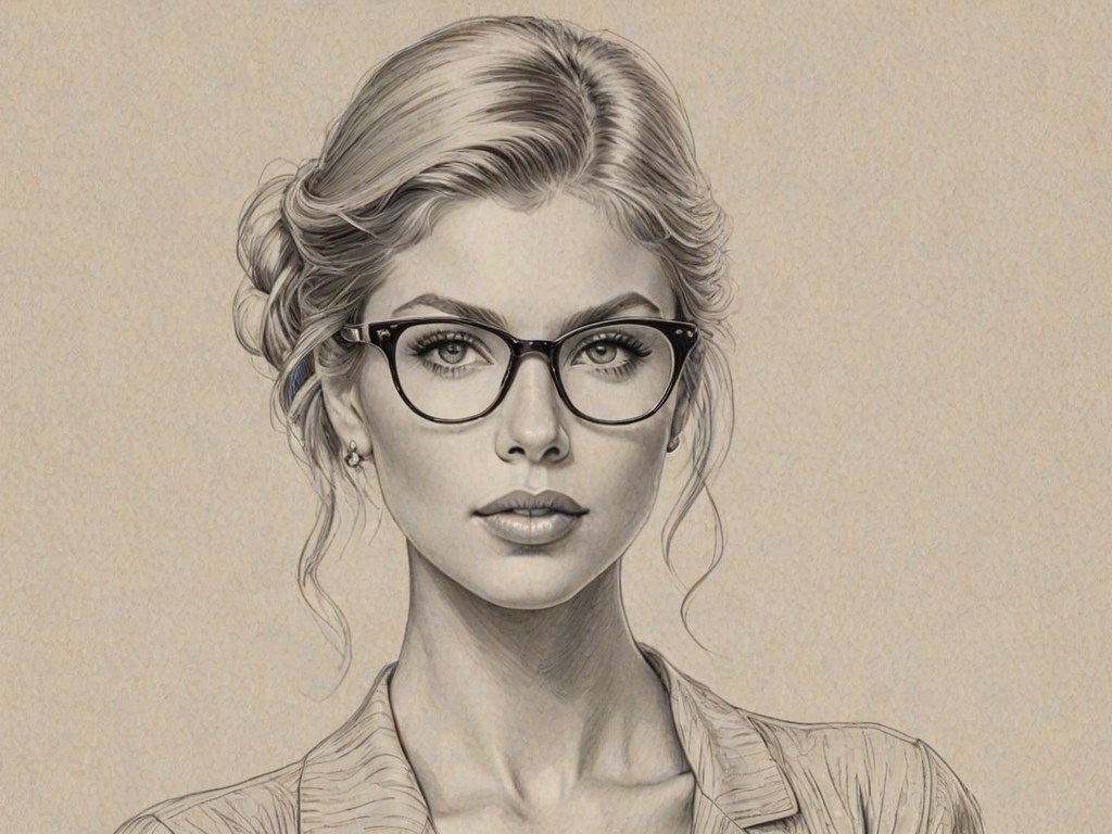 Graceful Charlotte McKinney, pencil sketch, portrait of Elegant woman 1925s in glasses, hair style beatnik, outline, clear lines, fine lines, 8k