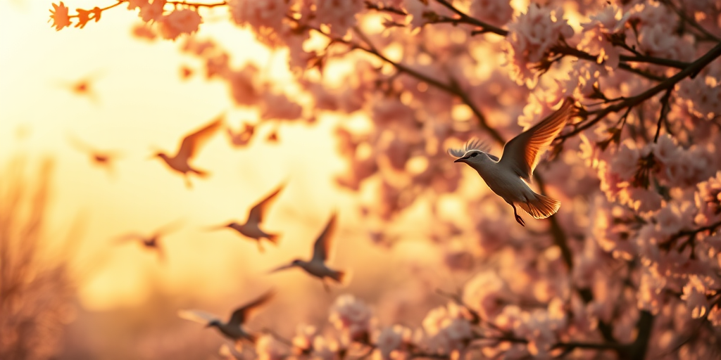 capture a close-up shot of birds flying among cherry blossom trees during golden hour with a shallow depth of field, using a Canon EOS R5, 85mm lens, aperture f/1.8, ISO 200, shutter speed 1/1000s, natural light for enhanced color vibrancy and detail