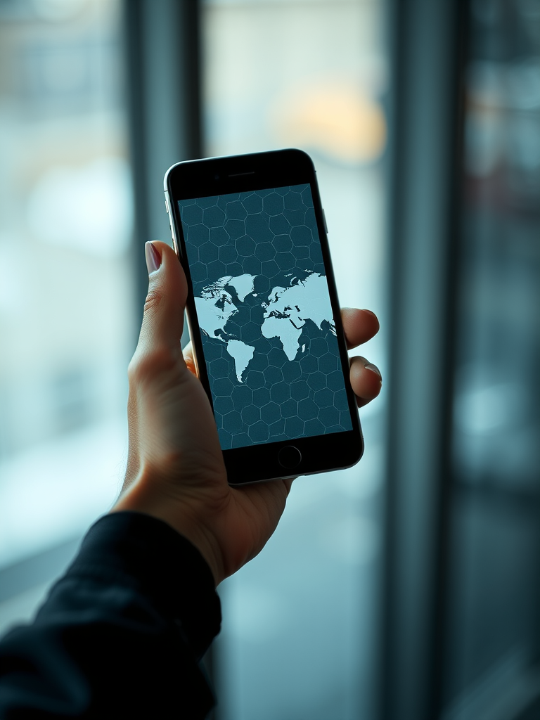 Create a high-resolution image featuring a close-up of a hand holding a smartphone displaying a world map, with a hexagonal pattern overlay, using a DSLR camera at f/2.8, ISO 100, 50mm lens, shot from an eye-level angle with soft focus on the background for an artistic effect.