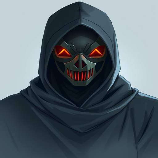 Create a high-resolution digital illustration of a hooded figure with a stylized mask, using a DSLR camera, ISO 200, aperture f/2.8, 50mm lens, and a soft focus background to enhance clarity and depth.