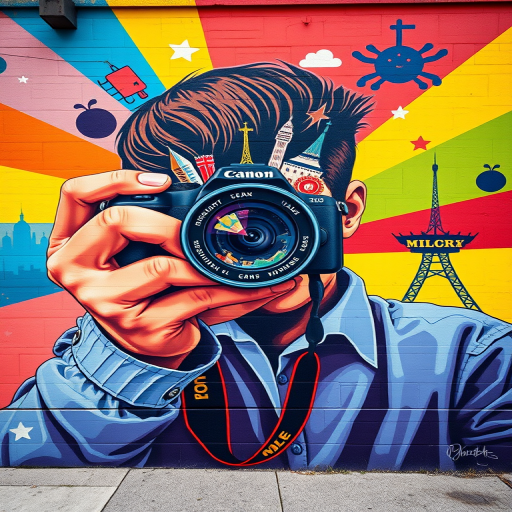 Create a vibrant mural depicting a person holding a camera, with a lens filled with iconic landmarks and symbols, using a wide-angle lens at f/8 aperture, ISO 100, in bright daylight, captured from a street-level viewpoint with a DSLR camera for enhanced image quality.