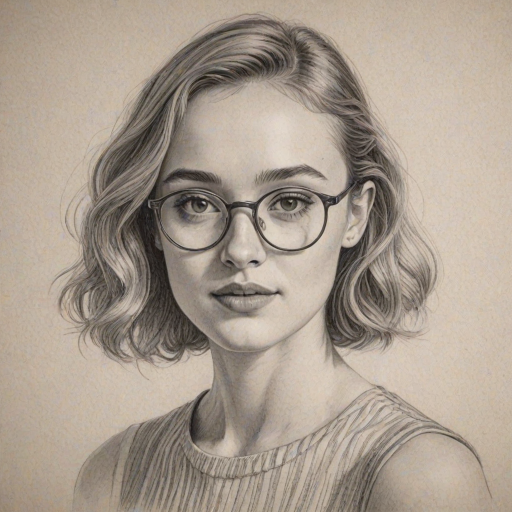 Pleasing Phoebe Dynevor, pencil sketch, portrait of Lovely woman 1922s in glasses, hair style beatnik, outline, clear lines, fine lines, 8k