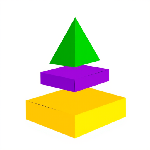 Create a vibrant illustration of a pyramid composed of three colorful layers: a green triangle on top, a purple rectangle in the middle, and a yellow rectangle at the bottom, captured using a DSLR camera with a 50mm lens, f/1.8 aperture, 1/200 shutter speed, and natural daylight for enhanced clarity and vivid colors.