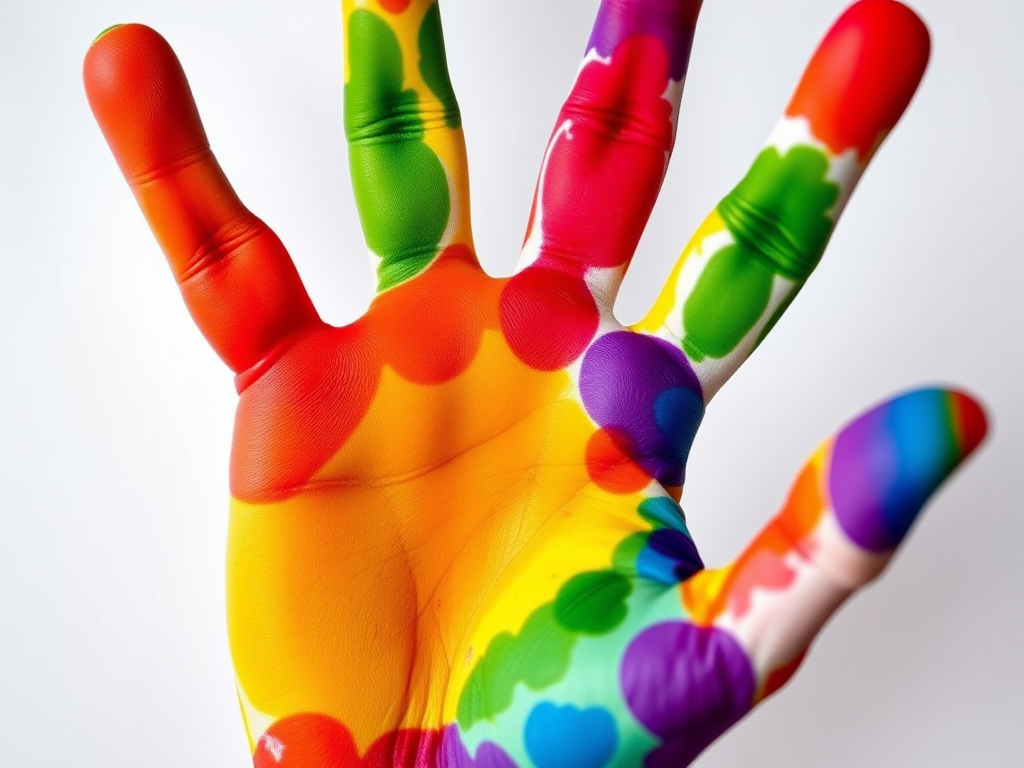 Create a vibrant, high-resolution image of a colorful handprint with bright reds, oranges, yellows, greens, blues, and purples, using a macro lens, ISO 100, f/2.8 aperture, 1/200s shutter speed, shot from a top-down view against a soft white background.
