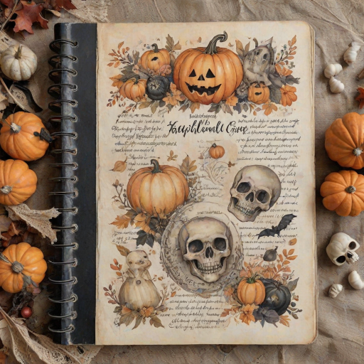 Design a detailed watercolor, vintage-inspired Halloween-themed imagery for a cottagecore junk journal. The design features a spooky yet shabby chic aesthetic with handwritten elements in faded ink, showing slight wear. Include pumpkins, cute ghosts, and adorable skulls alongside autumn florals, all rendered in soft pastel colors like pale orange, cream, and black for accents. The imagery has a slight worn or parchment texture, creating a nostalgic feel. The high-resolution image has no blur, contrast, or grainy textures, and is filled with intricate details in 8k definition.