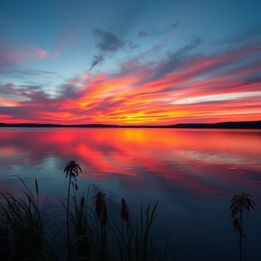 tranquil sunset over a lake with vibrant colors reflecting on the water, use a Canon EOS R5 with a 24mm f/1.4 lens, aperture f/8, ISO 100, 1/60s shutter speed, shot from a low angle to capture foreground details and enhance reflections