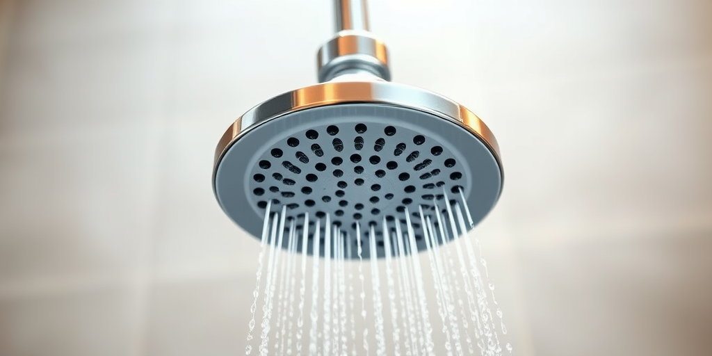 Create a high-resolution vector illustration of a showerhead with a sleek design, using a 50mm lens at f/2.8, ISO 100, and a soft focus background to enhance the subject, take from a slightly angled front view with natural lighting to emphasize color gradients.