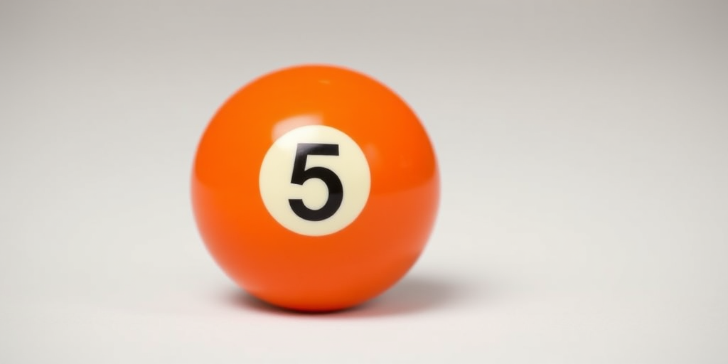 Create an image of an orange billiard ball with the number 5 on a clean white background, using a DSLR camera with an aperture of f/2.8, ISO 100, a focal length of 50mm, and a shallow depth of field to enhance the focus on the ball.