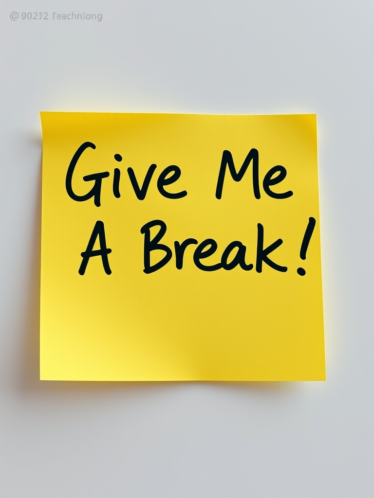 Generate an image of a yellow sticky note with handwritten text that says "Give Me A Break!" using a DSLR camera at f/2.8 aperture, ISO 100, and 50mm lens in natural light for enhanced clarity and sharpness.