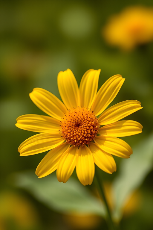 Close-up shot of a yellow flower with a blurred green background, aperture f/2.8, shutter speed 1/200s, ISO 100, 85mm lens, natural lighting, DSLR camera.