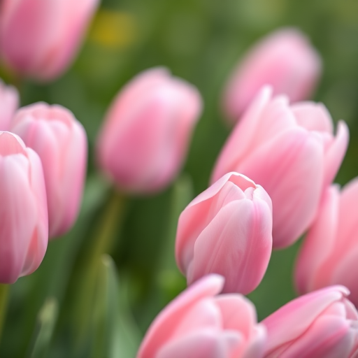 Capture a close-up of soft pink tulips with a blurred green background, using a DSLR camera, aperture set to f/2.8 for shallow depth of field, ISO 100 for fine detail, and a 50mm lens for natural perspective.