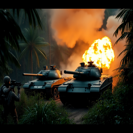 military tanks firing in a dense jungle with smoke billowing, soldiers taking cover, dynamic lighting, shot with a DSLR camera at f/2.8, ISO 400, 1/250 sec, wide-angle view, cinematic style