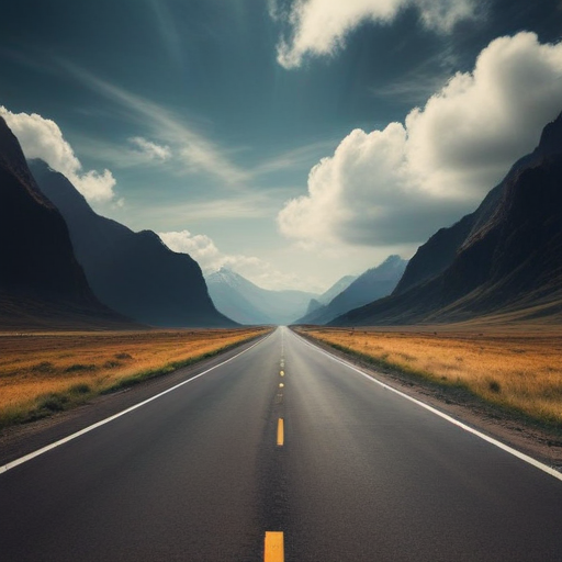 Endless Road Stretching Through Majestic Mountains Under a Dramatic Sky