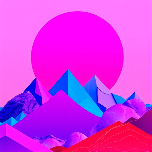 Create a vibrant digital artwork featuring geometric shapes with a large pink circle in the background and purple and blue triangular mountains in the foreground, using a 50mm lens, f/1.8 aperture, ISO 100, and a shallow depth of field to enhance detail and color contrast, shot from a low angle for dramatic perspective, in a digital painting style.
