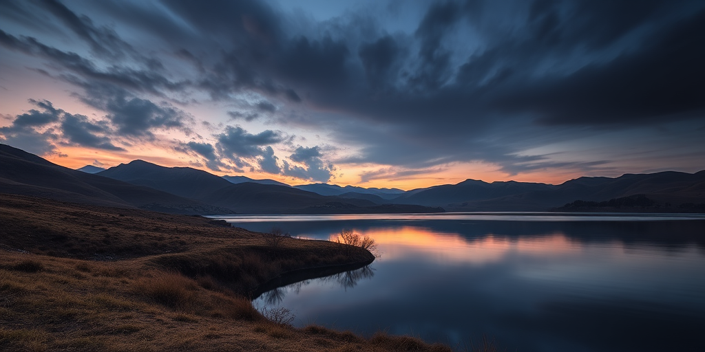 Generate a high-resolution image of a mysterious landscape at dusk with rolling hills and a serene lake, using a Canon EOS R5 camera at ISO 100, f/8 aperture, 24mm lens, shot from a low angle to capture reflections on the water.