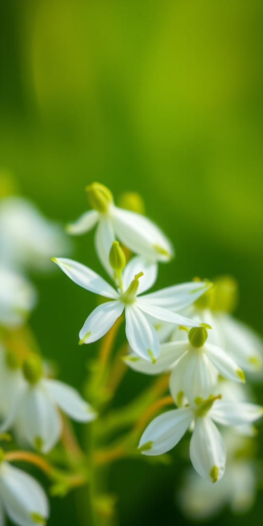 Capture a close-up of delicate white flowers with green tips, soft natural lighting, f-stop of 2.8, shutter speed of 1/200 sec, ISO 100, 50mm macro lens, shallow depth of field, slightly blurred green background to enhance focus on the flowers.