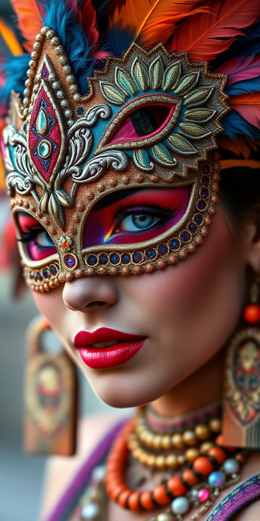 Create a highly detailed portrait of a woman wearing an ornate feathered mask with vibrant colors, emphasizing intricate details in her makeup and accessories, taken with a DSLR camera, 85mm lens, f/1.4 aperture, ISO 100, using natural light for soft shadows and vivid hues, in a shallow depth of field to enhance the subject's features while softly blurring the background.