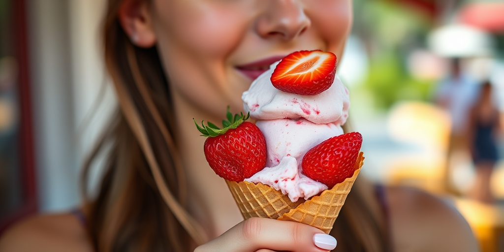 A close-up shot of a young woman holding a double scoop of strawberry ice cream in a cone, shot with a Canon EOS R5, 50mm lens, f/1.8 aperture, ISO 100, natural lighting, vibrant colors, soft focus background to enhance the subject.