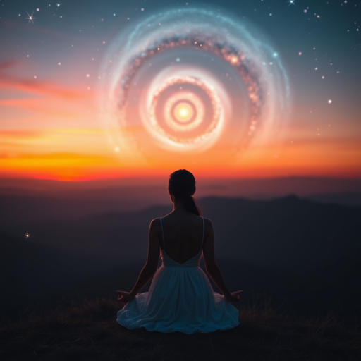 A silhouette of a woman in a white dress meditating on a hill, facing a glowing spiral galaxy at sunset, with vibrant colors in the sky, DSLR camera settings: ISO 100, f/2.8, 50mm lens, shot at twilight, using a wide-angle view for enhanced depth.