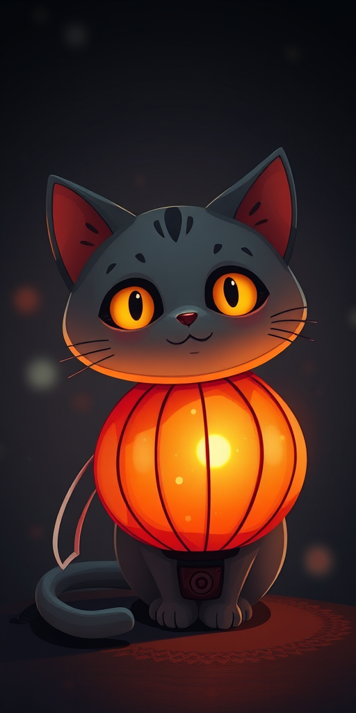 Create a whimsical illustration of a lantern-shaped cat with glowing eyes against a dark background, using a DSLR camera with a 50mm lens, f/1.8 aperture, ISO 200, soft focus effects, and a low angle view to enhance depth and highlight the glowing features.