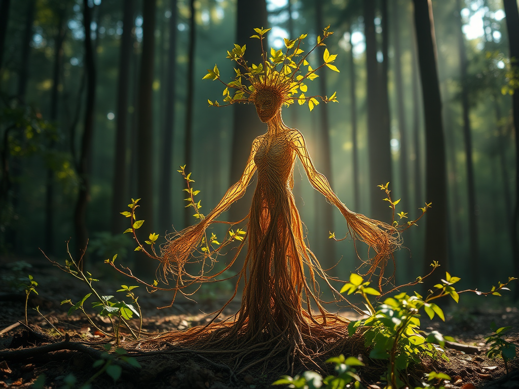 Regenerate an ethereal forest spirit with a body of intertwined roots and leaves, glowing softly in a sunlit forest, using a Canon EOS R5 with a 50mm f/1.2 lens, aperture set to f/1.8, ISO 100, shutter speed 1/200 sec, in a wide-angle view with a warm color palette and soft focus effects.
