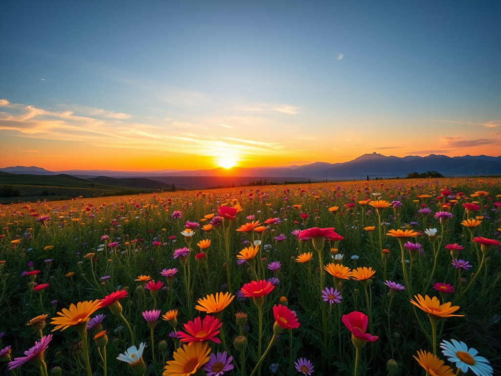 Generate a vibrant landscape of a wildflower field with distant mountains, shot in the golden hour using a DSLR camera, 35mm lens, f/8 aperture, ISO 100, landscape orientation, and a low-angle view to enhance depth.