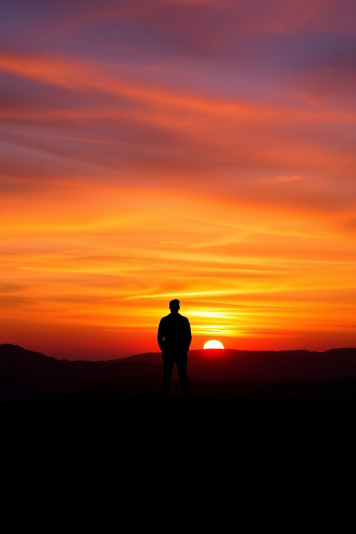 Create a high-resolution black silhouette of a person standing on a hill during sunset with vibrant orange and purple sky, using a DSLR camera, 35mm lens, f/8 aperture, 1/250 sec shutter speed, ISO 100, shot in landscape orientation.