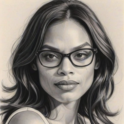 Gorgeous Rosario Dawson, pencil sketch, portrait of Enticing woman 1976s in glasses, hair style beatnik, outline, clear lines, fine lines, 8k