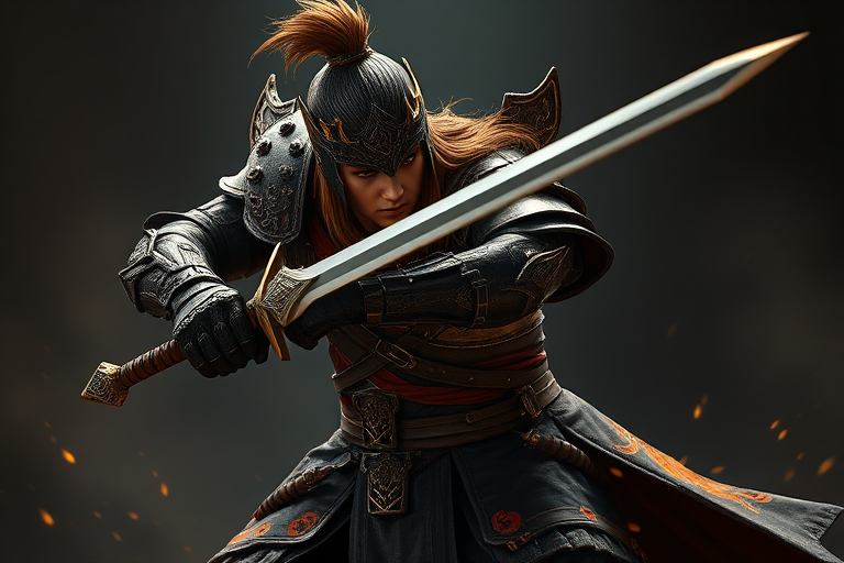 Create a high-resolution fantasy warrior character wielding a sword, dressed in dark armor with flame designs, dramatic lighting, shot with a DSLR camera at f/2.8, 35mm lens, 1/200s shutter speed, in a dynamic pose with a shallow depth of field.