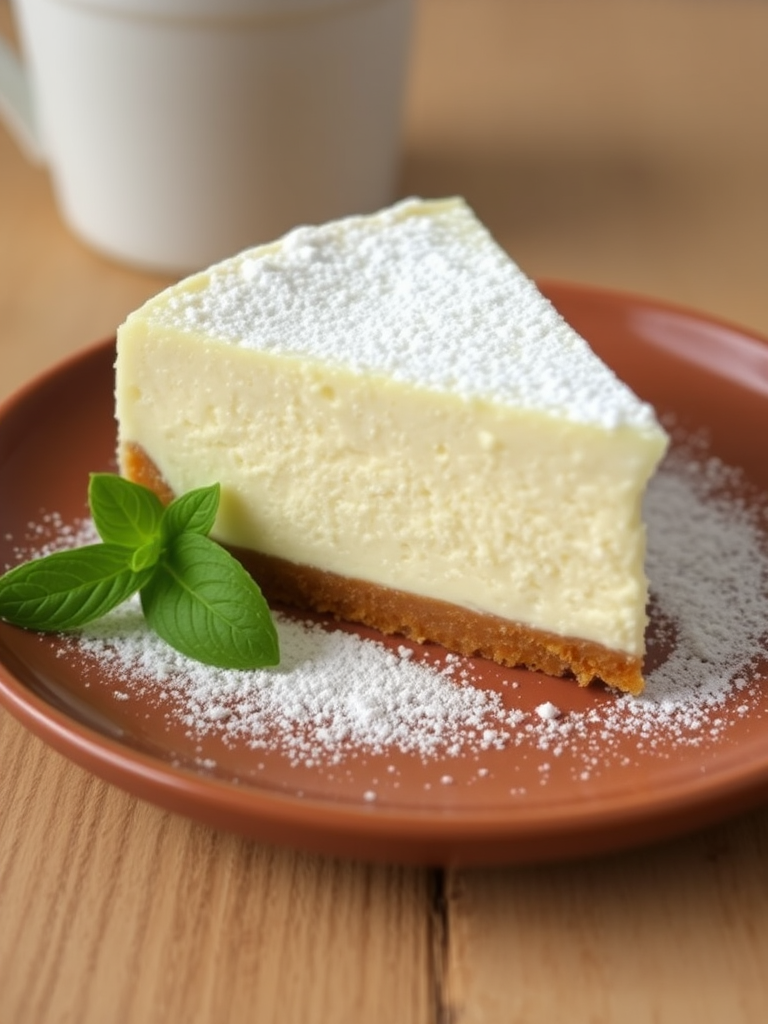 A fluffy and creamy cheesecake slice dusted with powdered sugar served on a brown plate with a fresh green leaf beside it and a cup in the background.