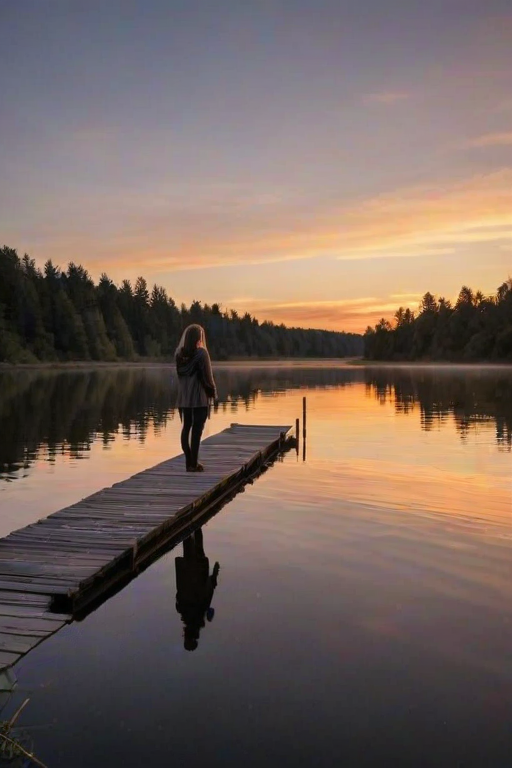 Sunset over a wide river, a woman stands on a wooden dock, her reflection visible in the calm water as she watches the last light of day fade from the sky.