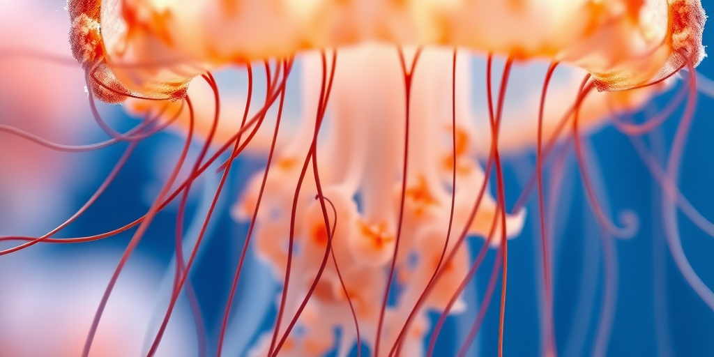 Create a high-resolution digital illustration of a jellyfish with intricate line work and soft watercolor effects, using a macro lens with a shallow depth of field, at f/2.8 aperture, ISO 100, shutter speed 1/250s, captured from a slightly above perspective, to enhance detail and color vibrancy.