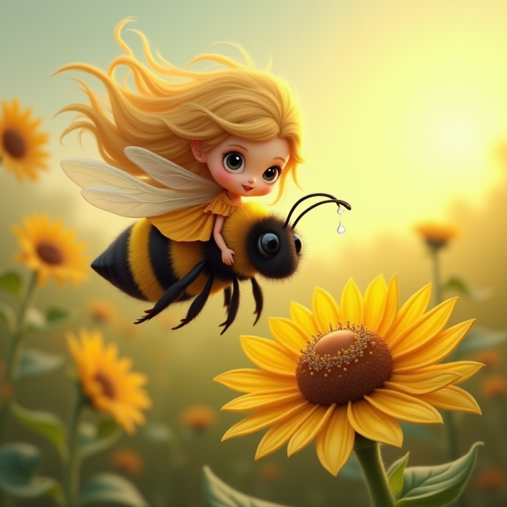 a whimsical cute girl with big eyes, big hair and flowing dress, riding astride a bumble bee, and flying across the top of the sunflower, which are just waking up, and catching dew drop of rain