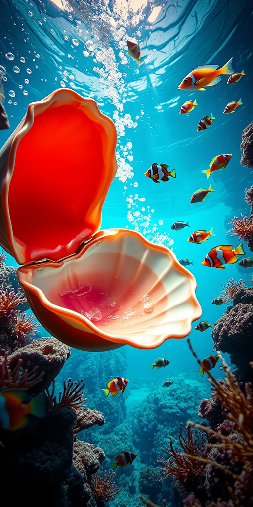 create an underwater scene featuring a large open seashell with a red interior, surrounded by colorful fish such as clownfish and angelfish, marine plants, and bubbles, shot using a DSLR camera at f/8 aperture, 50mm lens, ISO 200, with a wide-angle view and vibrant colors to enhance image quality