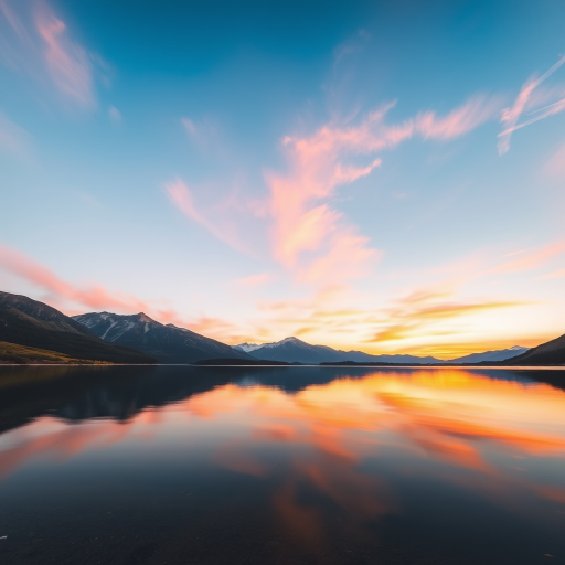 A serene mountain landscape at sunset with reflections in a calm lake, featuring vibrant colors in the sky, soft lighting, a low angle view, captured with a full-frame DSLR camera set to f/8 aperture, 24mm focal length, ISO 100, and a long exposure of 1/4 second.
