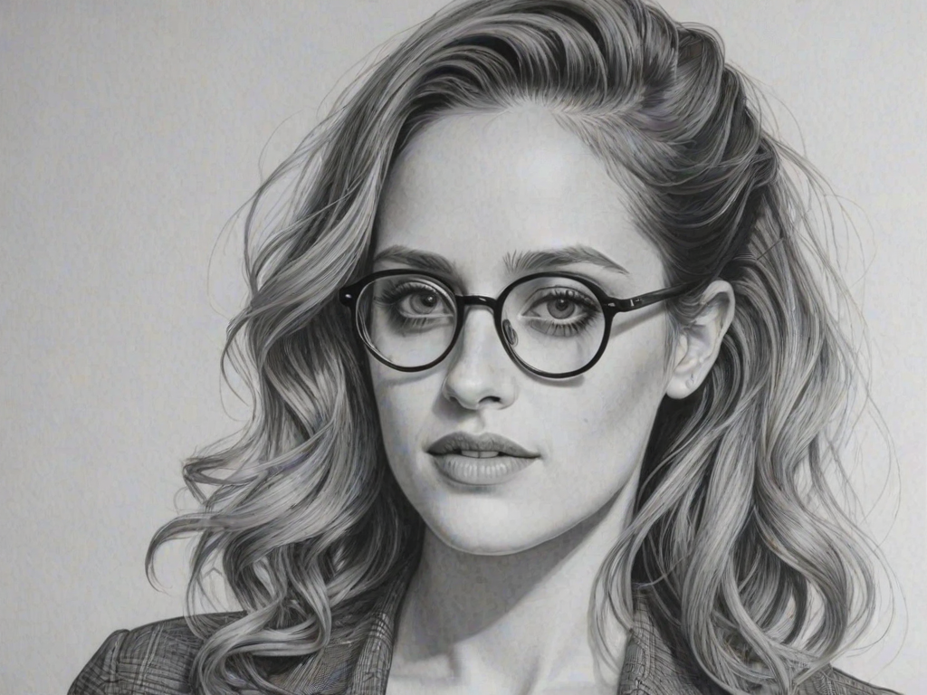 Exquisite Carly Chaikin, pencil sketch, portrait of Appealing woman 1942s in glasses, hair style beatnik, outline, clear lines, fine lines, 8k