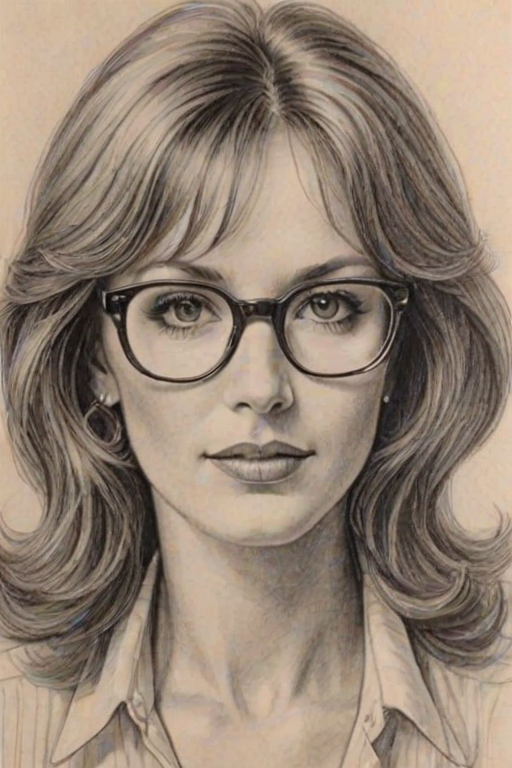 Enticing Jacklyn Zeman, pencil sketch, portrait of Wonderful woman 1979s in glasses, hair style beatnik, outline, clear lines, fine lines, 8k