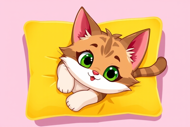 Illustration of a playful cartoon cat with green eyes and a fluffy coat, lying on a bright yellow pillow with a simple, colorful background, high resolution, shot from a top-down view, using a digital art style, created in Adobe Illustrator.