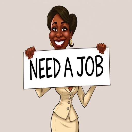 caricature of a smiling Angela Bassett in a Cream dress or suit, holding up a sign that says "NEED A JOB", no watermark,