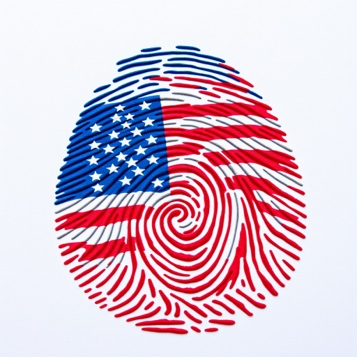 Create an image of a fingerprint featuring the American flag, high resolution, taken with a DSLR camera, 50mm lens, f/2.8 aperture, ISO 100, natural lighting, top-down view, sharp focus to enhance details.
