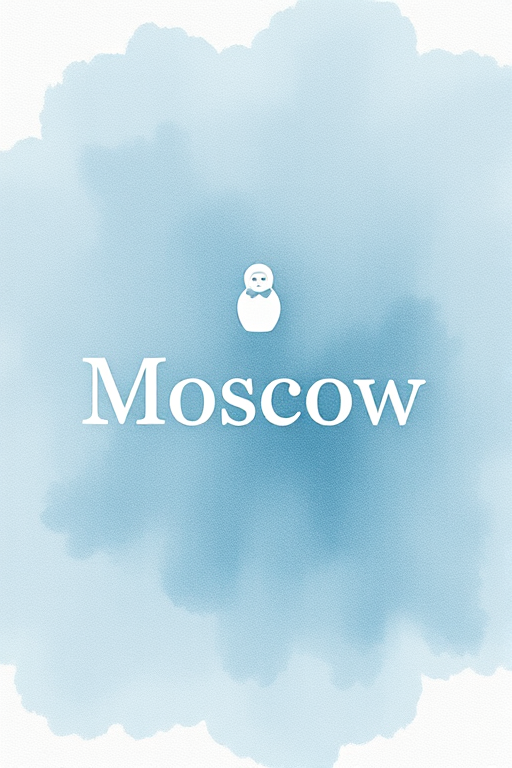 Create a minimalist graphic design featuring a textured background with a watercolor effect in shades of blue and gray, showcasing traditional Russian nesting dolls (matryoshka) in white silhouette alongside the word "Moscow" in a modern sans-serif font, captured with a DSLR camera, aperture f/8, shutter speed 1/125 sec, ISO 100, in a overhead top-down view.