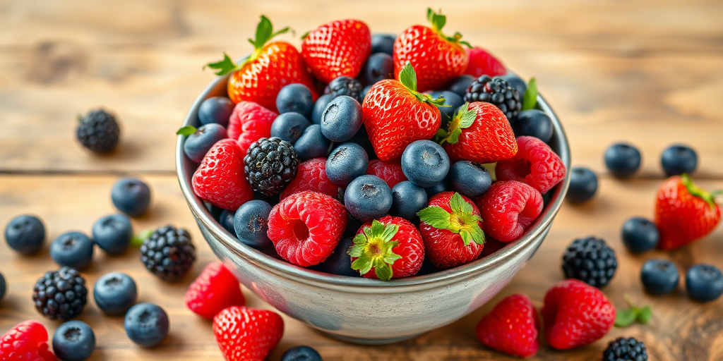 a bowl of mixed fresh berries including strawberries, blueberries, raspberries, and blackberries arranged on a wooden table with scattered berries around it, natural lighting and vibrant colors