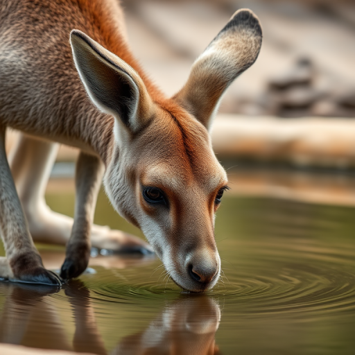 A close-up shot of a kangaroo drinking water from a shallow pool, captured with a DSLR camera at f/2.8 aperture, 1/200 sec shutter speed, ISO 200, using a 50mm lens, with a soft focus background and natural lighting to enhance details and texture.