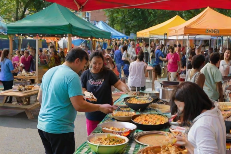 Vibrant street food festival, with vendors cooking up a variety of dishes, families enjoying their meals at picnic tables, and colorful decorations enhancing the festive atmosphere.