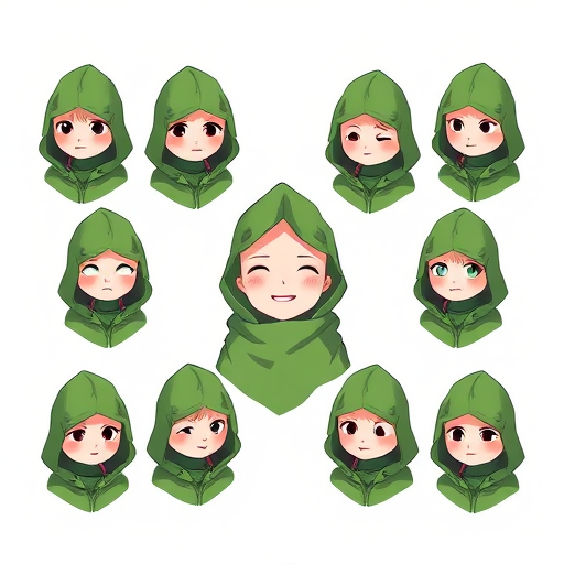 Create an illustration of nine green hooded figures with varying expressions arranged symmetrically, with one central character smiling and partially wrapped in a green cloth, using a soft pastel background; camera settings: f/8 aperture, ISO 100, shutter speed 1/125s; camera view: overhead shot; camera style: digital illustration; camera type: mirrorless camera.
